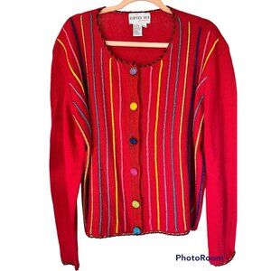 Bedford Fair Button-Up Sweater XL Vibrant Stripes Rainbow Buttons Vintage